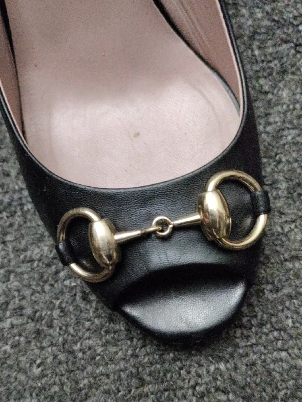 Gucci Black Leather Peep-Toe Heels with Gold Horsebit